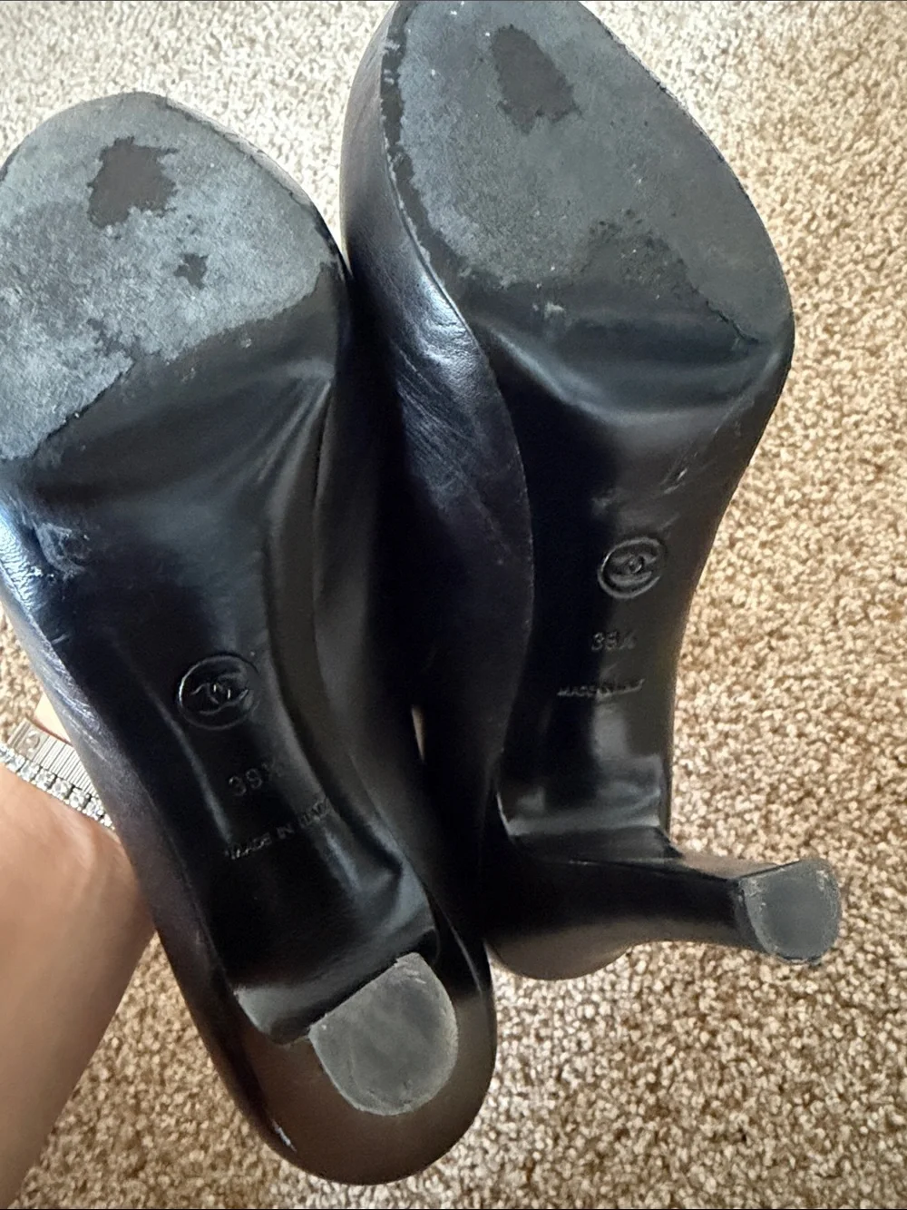 Vintage CHANEL Black Leather Peep-Toe Pumps with Gold CC Emblem